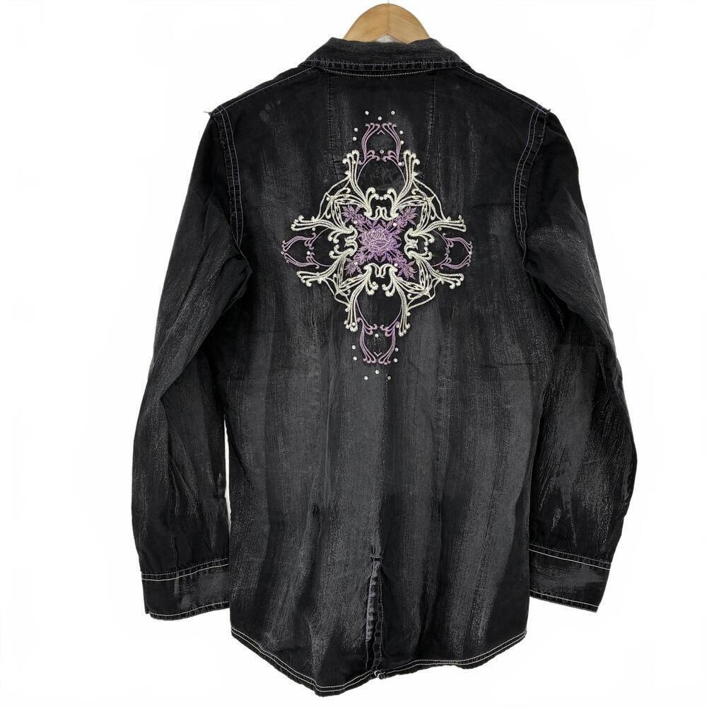 Rock 47 by Wrangler Black Western Distressed Shirt Embroidery Rhinestones